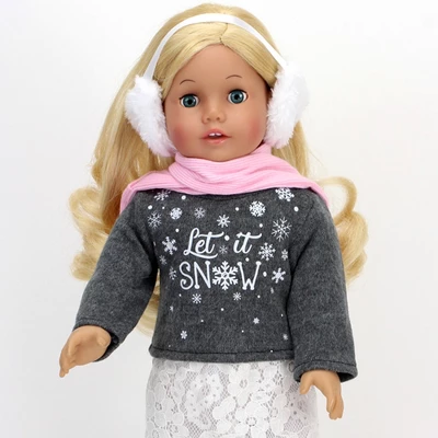 Sophia's - 18" Doll - "Let It Snow" Sweater, Lace Skirt, Leggings, Earmuffs, Pocket Scarf & Ewe Boots - Grey/White/Pink 5 Sophia's - 18" Doll - "Let It Snow" Sweater, Lace Skirt, Leggings, Earmuffs, Pocket Scarf & Ewe Boots - Grey/White/Pink - Image 3