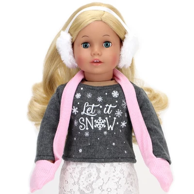 Sophia's - 18" Doll - "Let It Snow" Sweater, Lace Skirt, Leggings, Earmuffs, Pocket Scarf & Ewe Boots - Grey/White/Pink 4 Sophia's - 18" Doll - "Let It Snow" Sweater, Lace Skirt, Leggings, Earmuffs, Pocket Scarf & Ewe Boots - Grey/White/Pink - Image 2