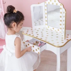 Fashion Polka Dot Gisele Play Vanity Set With Led Mirror White/Gold - Teamson Kids -Children Products Store GUEST 1d8d35a1 1982 42c4 a223 b6ce266208ff
