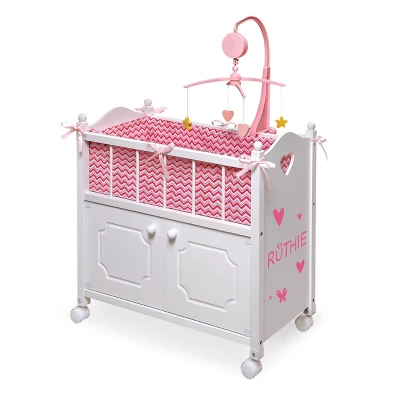 Badger Basket Cabinet Doll Crib With Chevron Bedding And Free Personalization Kit - White/Pink 3 Badger Basket Cabinet Doll Crib With Chevron Bedding And Free Personalization Kit - White/Pink