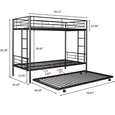 Twin Over Twin Metal Bunk Bed With Trundle Bed And Ladders-ModernLuxe 5 Twin Over Twin Metal Bunk Bed With Trundle Bed And Ladders-ModernLuxe - Image 3
