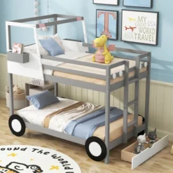 Twin Over Twin Car-Shaped Bunk Bed With Wheels, Drawers And Shelves, Gray - ModernLuxe -Children Products Store GUEST 30dc721a d10b 4492 9906 870ef1ddb6aa
