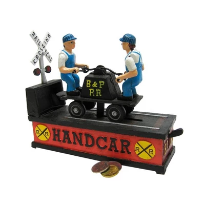 Design Toscano Railroad Handcar Collectors' Die Cast Iron Mechanical Coin Bank 3 Design Toscano Railroad Handcar Collectors' Die Cast Iron Mechanical Coin Bank
