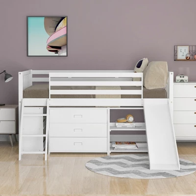 Low Twin Loft Bed With Bookcase, Separate Three Drawers, Pulling Ladder And Slide - ModernLuxe 3 Low Twin Loft Bed With Bookcase, Separate Three Drawers, Pulling Ladder And Slide - ModernLuxe