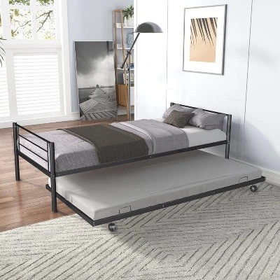 Twin Over Twin Metal Bunk Bed With Trundle Bed And Ladders-ModernLuxe 3 Twin Over Twin Metal Bunk Bed With Trundle Bed And Ladders-ModernLuxe