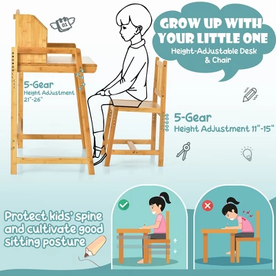 Costway Bamboo Kids Study Desk And Chair Set Height Adjustable Home School W/ Bookshelf 10 Costway Bamboo Kids Study Desk And Chair Set Height Adjustable Home School W/ Bookshelf - Image 8