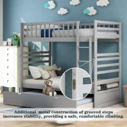 Twin Over Twin Wood Bunk Bed With Safety Rail And Movable Trundle-ModernLuxe -Children Products Store GUEST dbb427aa 72a4 4454 9c94 64abed12af69