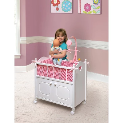 Badger Basket Cabinet Doll Crib With Chevron Bedding And Free Personalization Kit - White/Pink 4 Badger Basket Cabinet Doll Crib With Chevron Bedding And Free Personalization Kit - White/Pink - Image 2