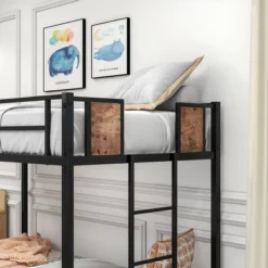 Twin Over Twin Metal Bunk Bed With Ladder And Full-Length Guardrail, Black-ModernLuxe -Children Products Store GUEST eb24655b 98d1 48c7 a8cc 3cca6c6401b3